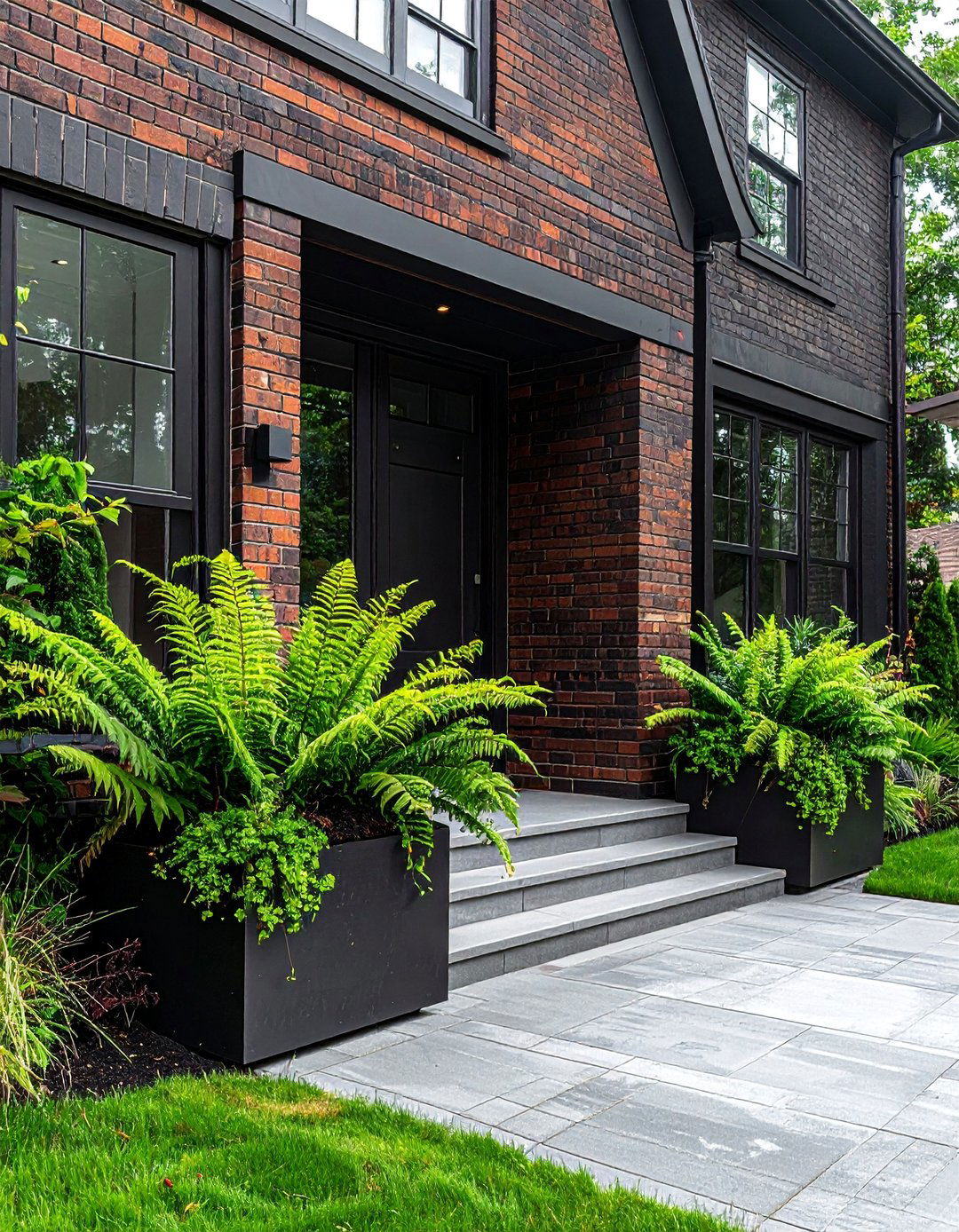 Black Brick House with Integrated Planters - 40 Black Brick House Exteriors for a Timeless and Elegant Look