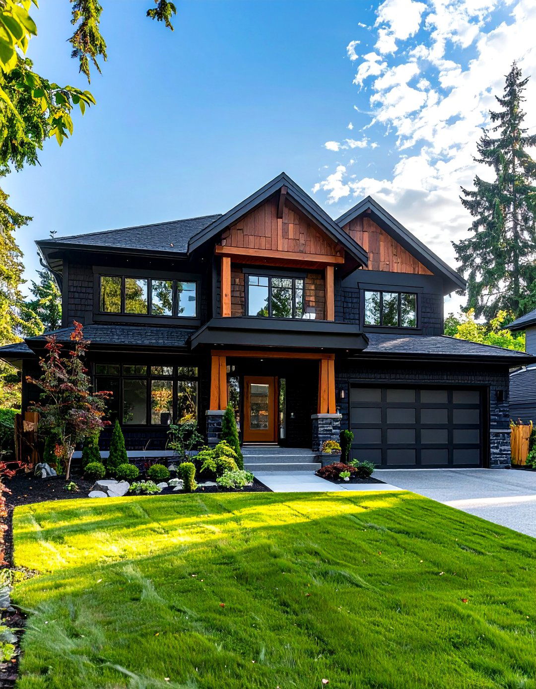 Black Brick House with Natural Wood Cladding - 40 Black Brick House Exteriors for a Timeless and Elegant Look