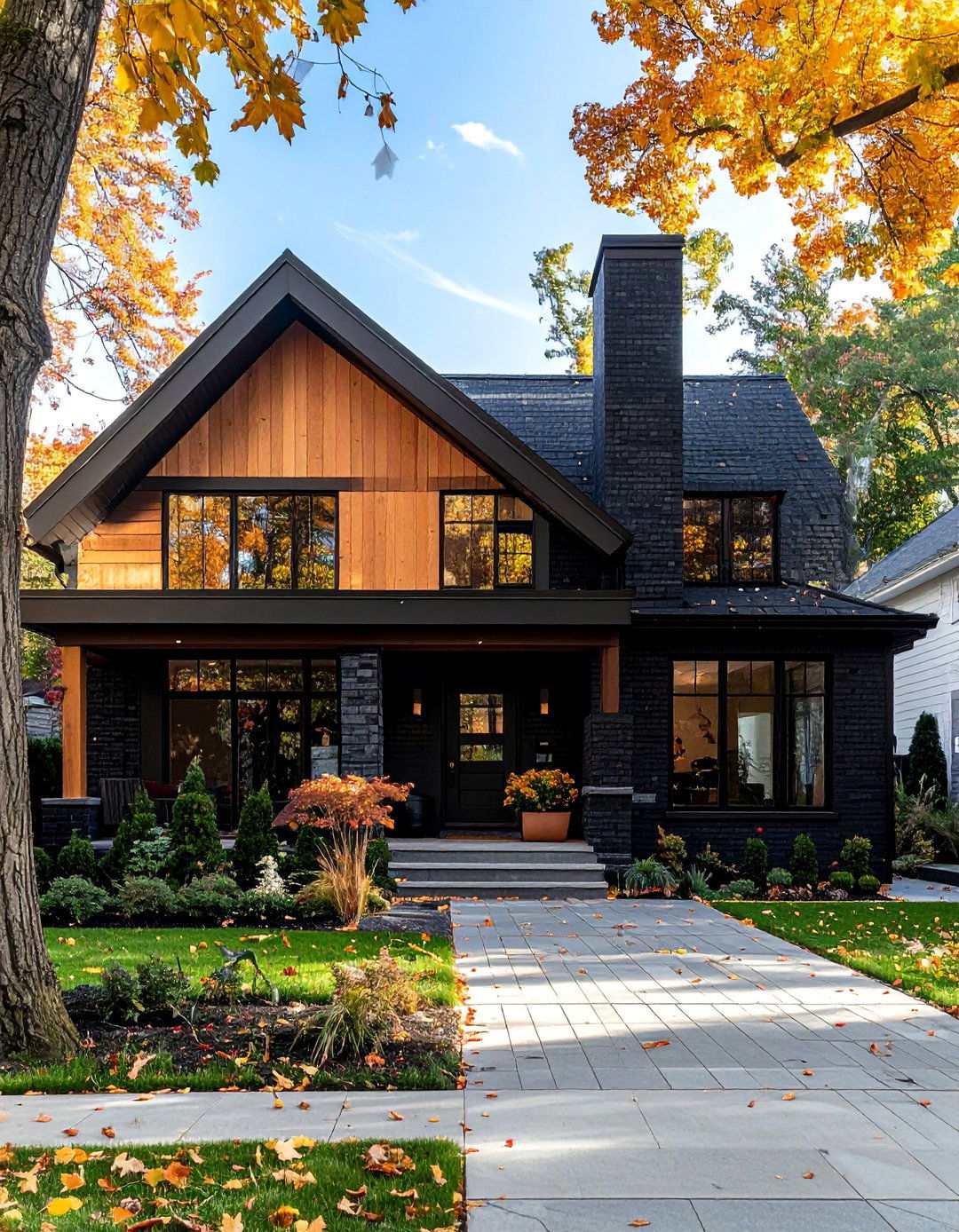 Black Brick House with Vertical Wood Siding - 40 Black Brick House Exteriors for a Timeless and Elegant Look