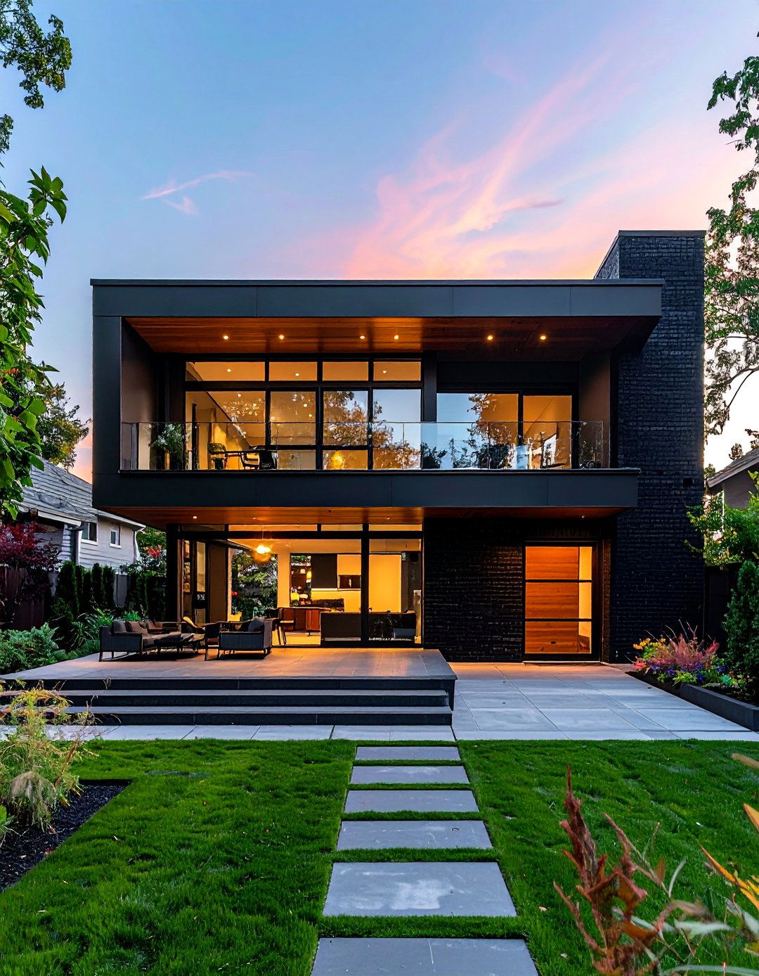 Black Brick House with a Cantilevered Second Story - 40 Black Brick House Exteriors for a Timeless and Elegant Look