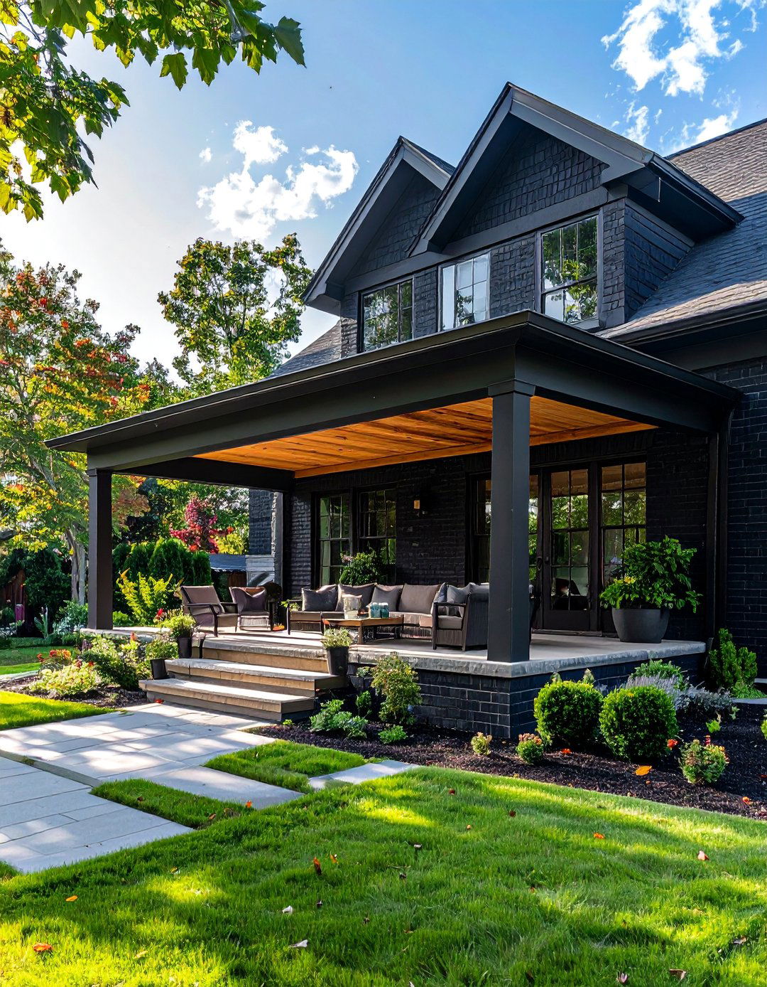 Black Brick House with a Covered Porch - 40 Black Brick House Exteriors for a Timeless and Elegant Look