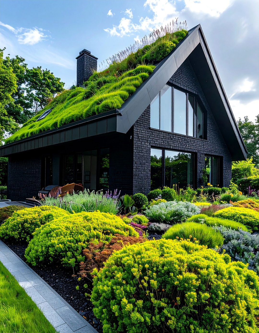 Black Brick House with a Green Roof - 40 Black Brick House Exteriors for a Timeless and Elegant Look