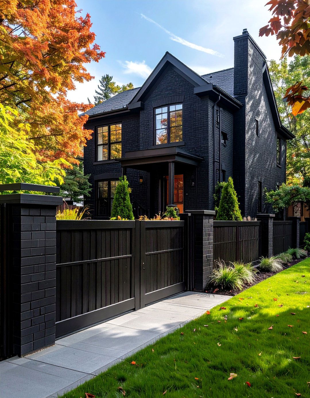 Black Brick House with a Privacy Fence - 40 Black Brick House Exteriors for a Timeless and Elegant Look