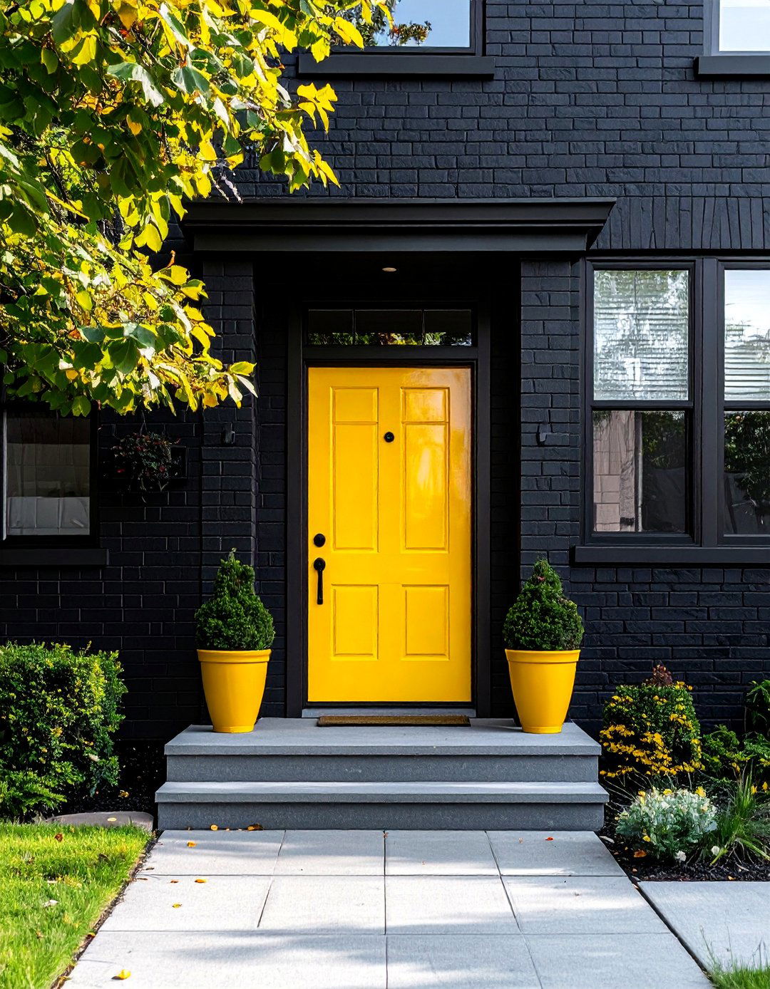Black Brick House with a Statement Front Door - 40 Black Brick House Exteriors for a Timeless and Elegant Look