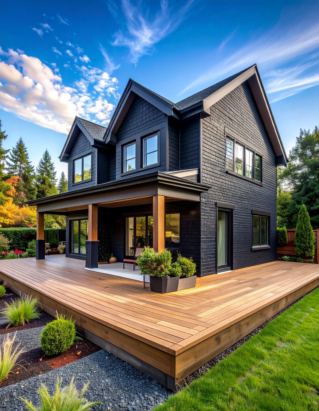Black Brick House with a Wraparound Deck - 40 Black Brick House Exteriors for a Timeless and Elegant Look