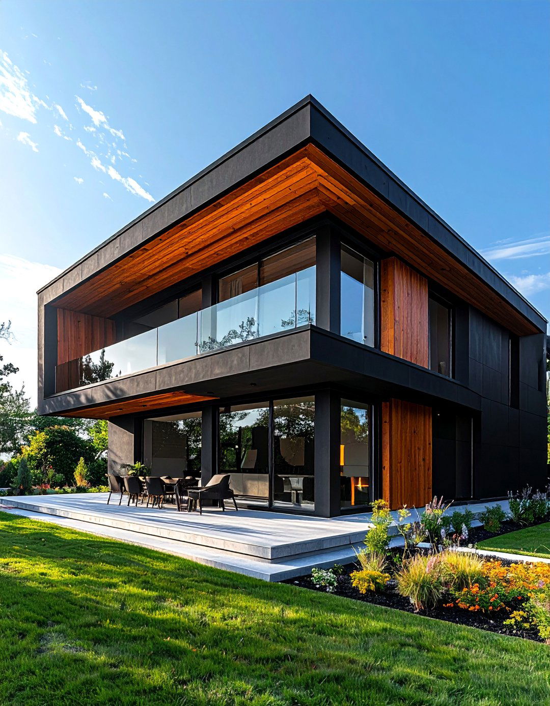 Black Exterior with a Wooden Soffit Overhang - 20 Black House With Wood Accents Ideas for a Bold Style