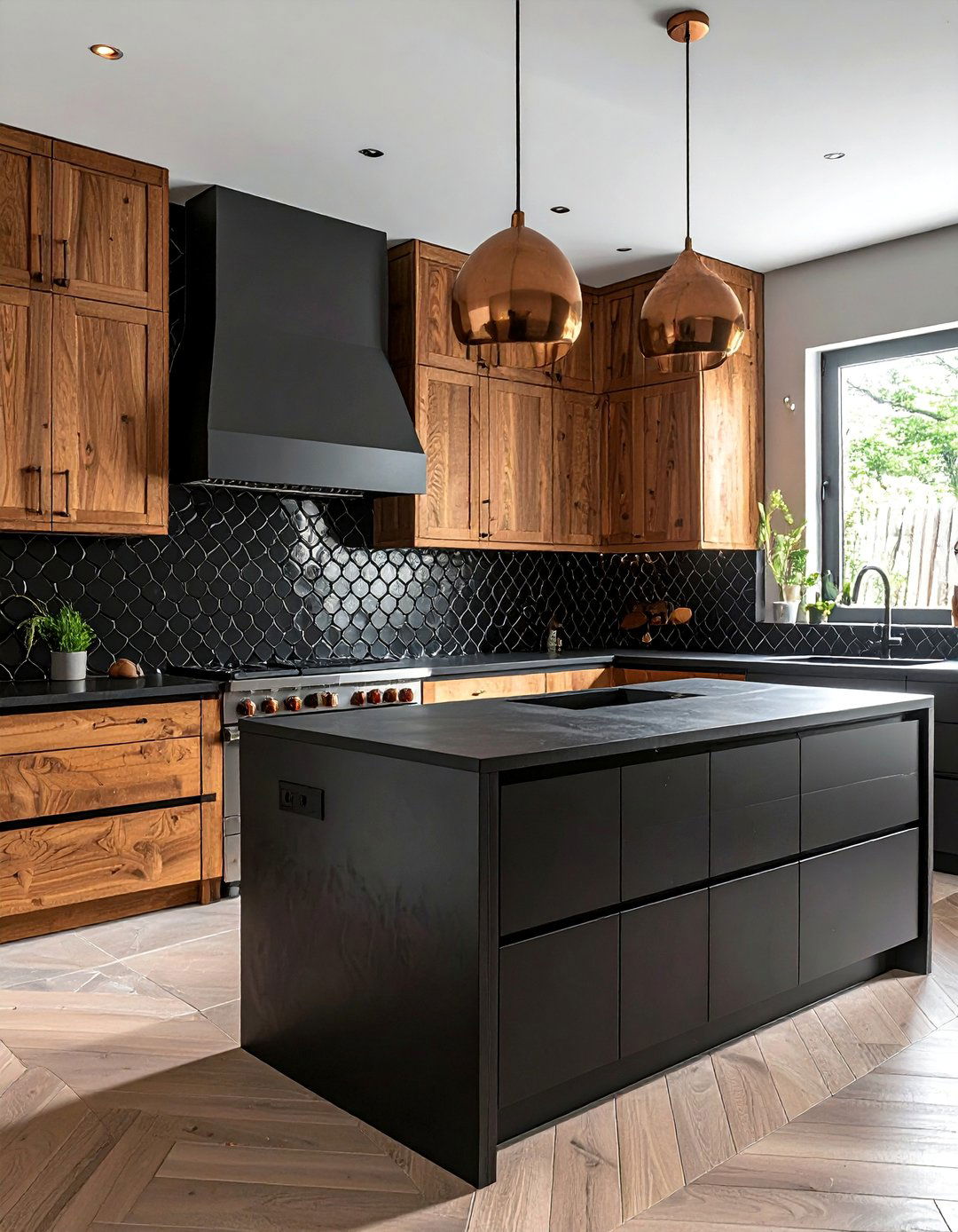 Black Fish Scale Tile Backsplash - 30 Kitchen With Black Backsplash Ideas for a Bold Look