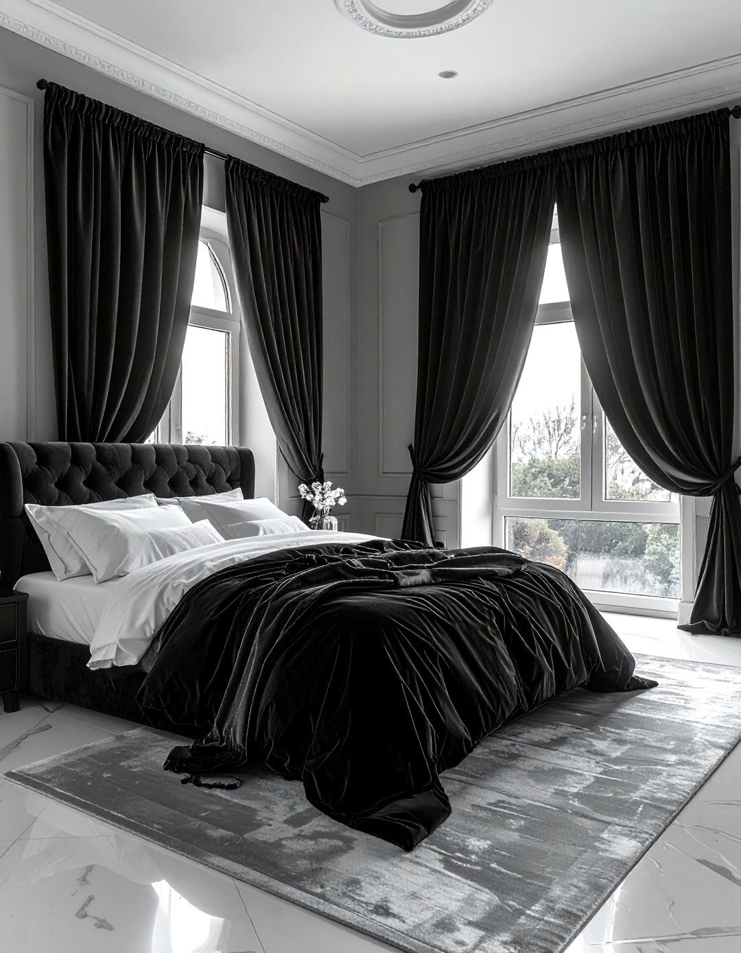 Black Floor to Ceiling Curtains - 40 Black and White Bedroom Ideas for Elegance