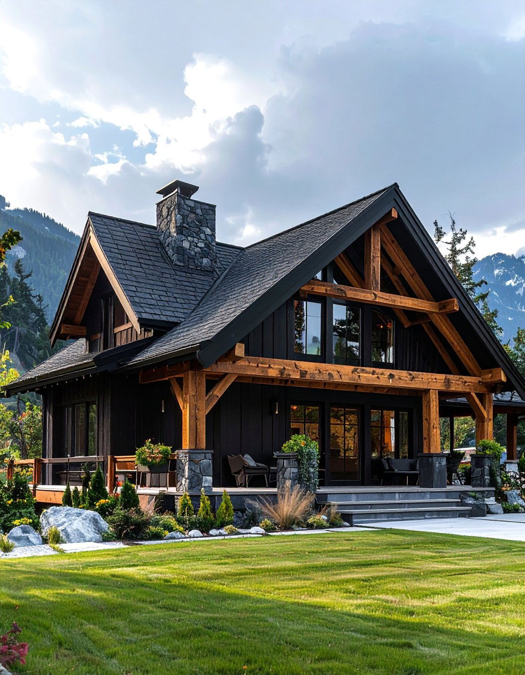 Black Gable House with Exposed Wooden Trusses - 20 Black House With Wood Accents Ideas for a Bold Style