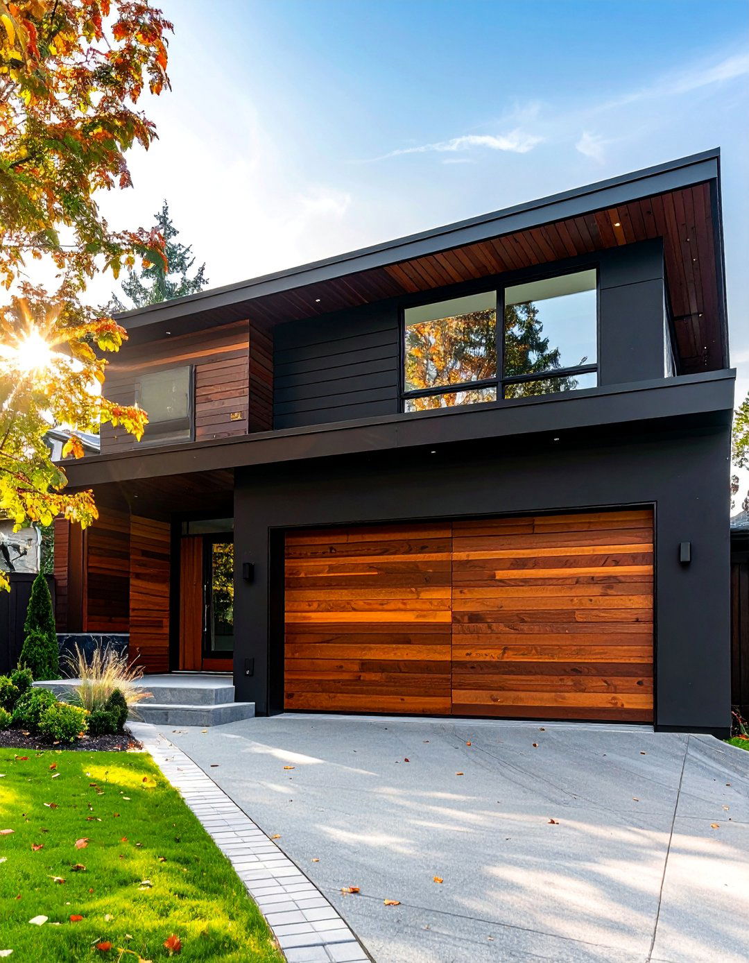 Black House with a Prominent Wooden Garage Door - 20 Black House With Wood Accents Ideas for a Bold Style