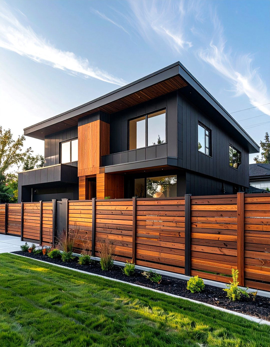 Black House with a Wood Paneled Privacy Fence - 20 Black House With Wood Accents Ideas for a Bold Style