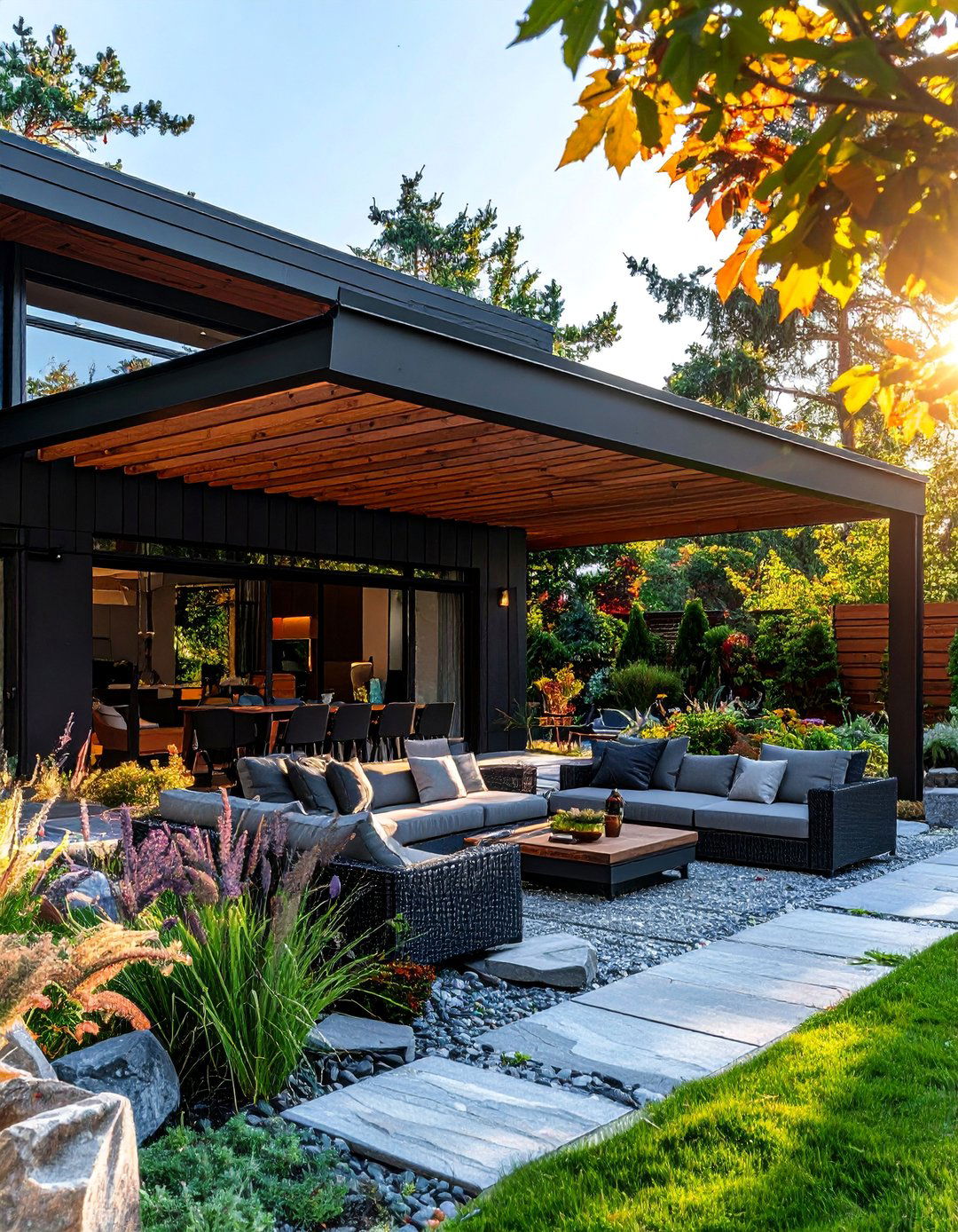Black House with a Wooden Pergola Over a Patio - 20 Black House With Wood Accents Ideas for a Bold Style