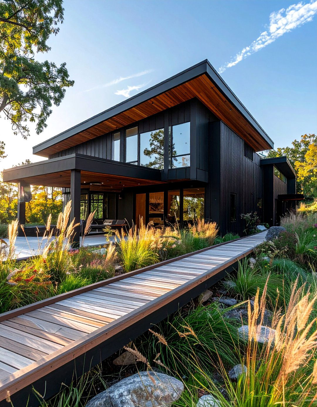 Black House with a Wooden Walkway and Bridge Entry - 20 Black House With Wood Accents Ideas for a Bold Style