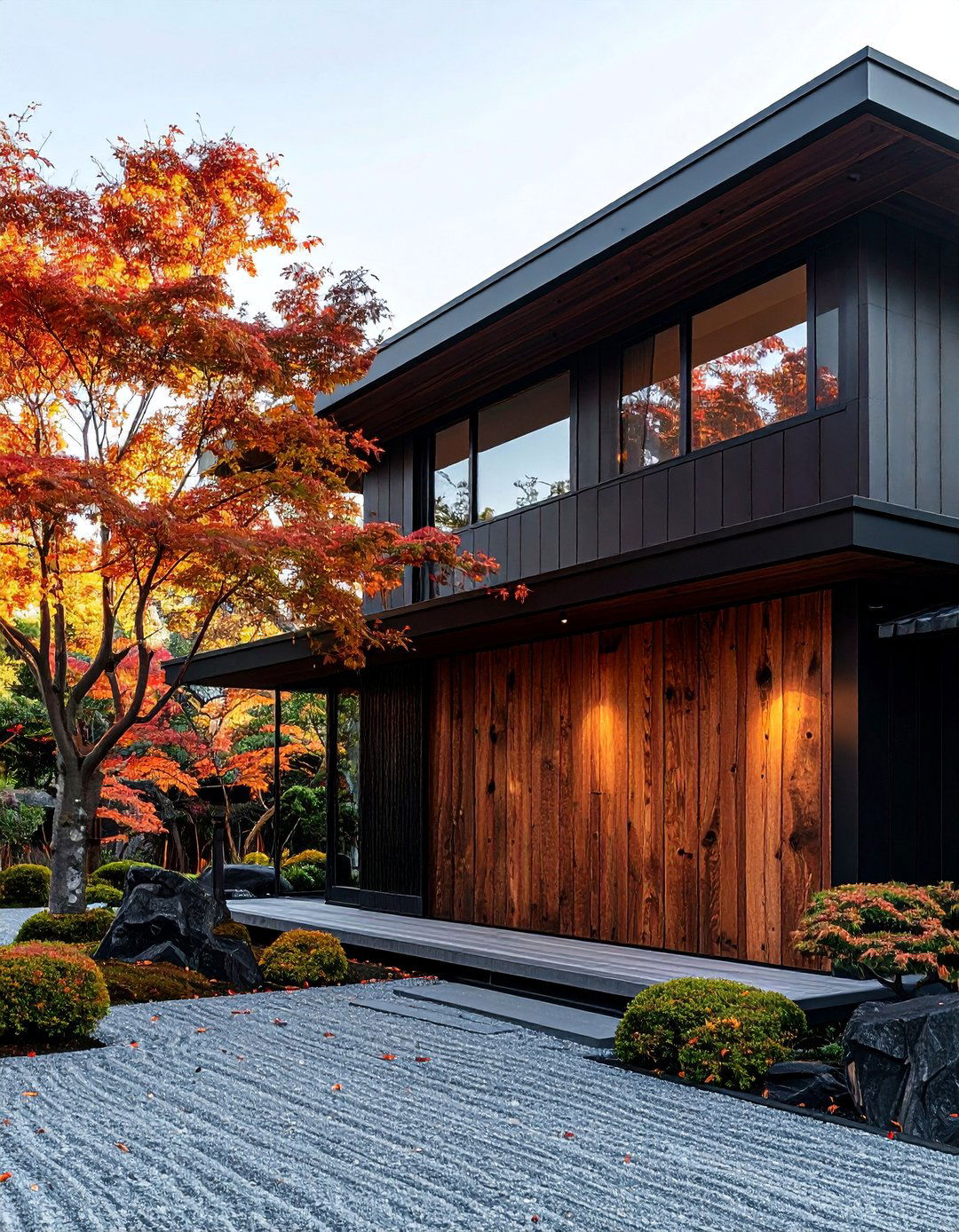 Black Japanese Inspired Exterior with Charred Wood Shou Sugi Ban - 20 Black House With Wood Accents Ideas for a Bold Style