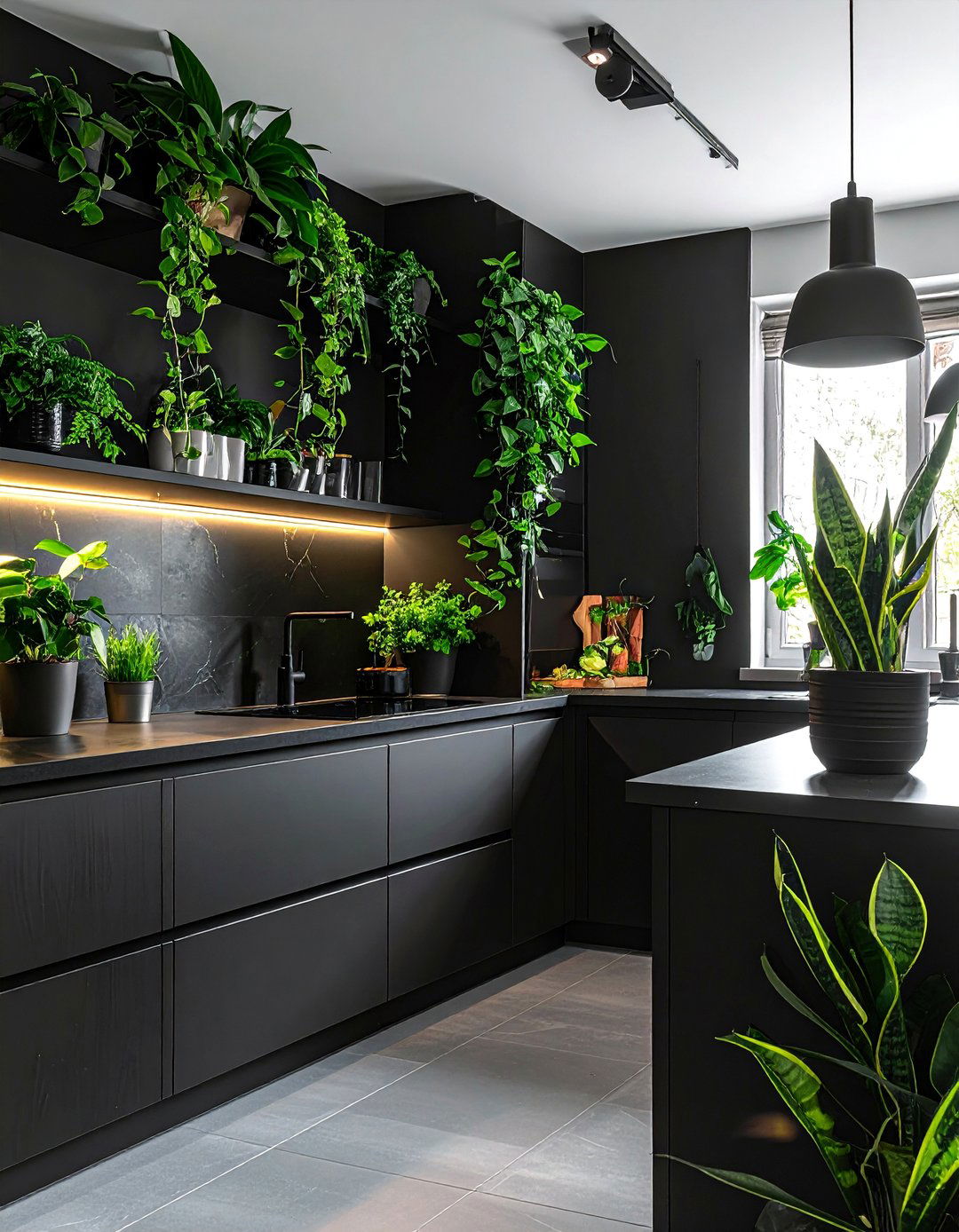 Black Kitchen Accented with Indoor Plants - 40 Black Kitchen Ideas for a Sleek and Sophisticated Look