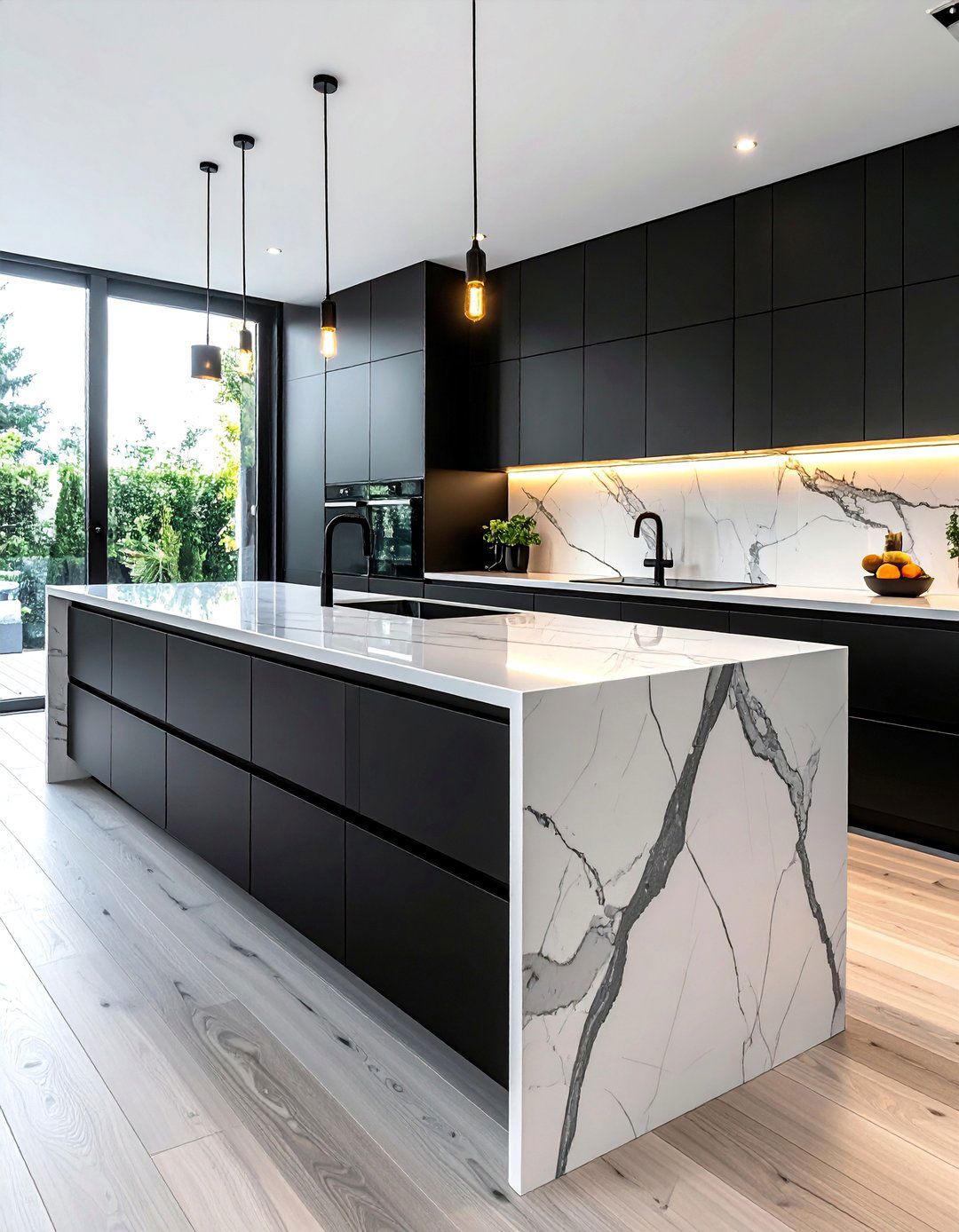 Black Kitchen Island with a White Marble Waterfall Countertop - 40 Black Kitchen Ideas for a Sleek and Sophisticated Look