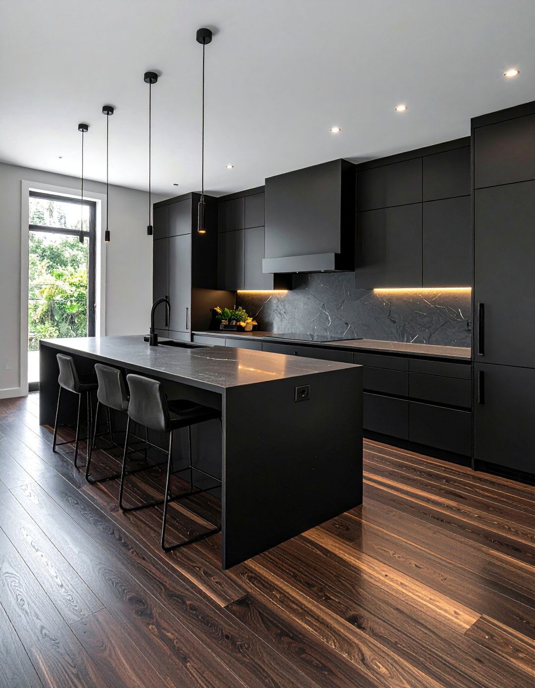 Black Kitchen with Dark Wood Flooring - 40 Black Kitchen Ideas for a Sleek and Sophisticated Look