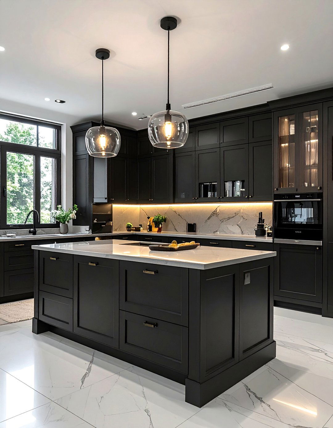 Black Kitchen with Fluted Glass Cabinet Doors - 40 Black Kitchen Ideas for a Sleek and Sophisticated Look