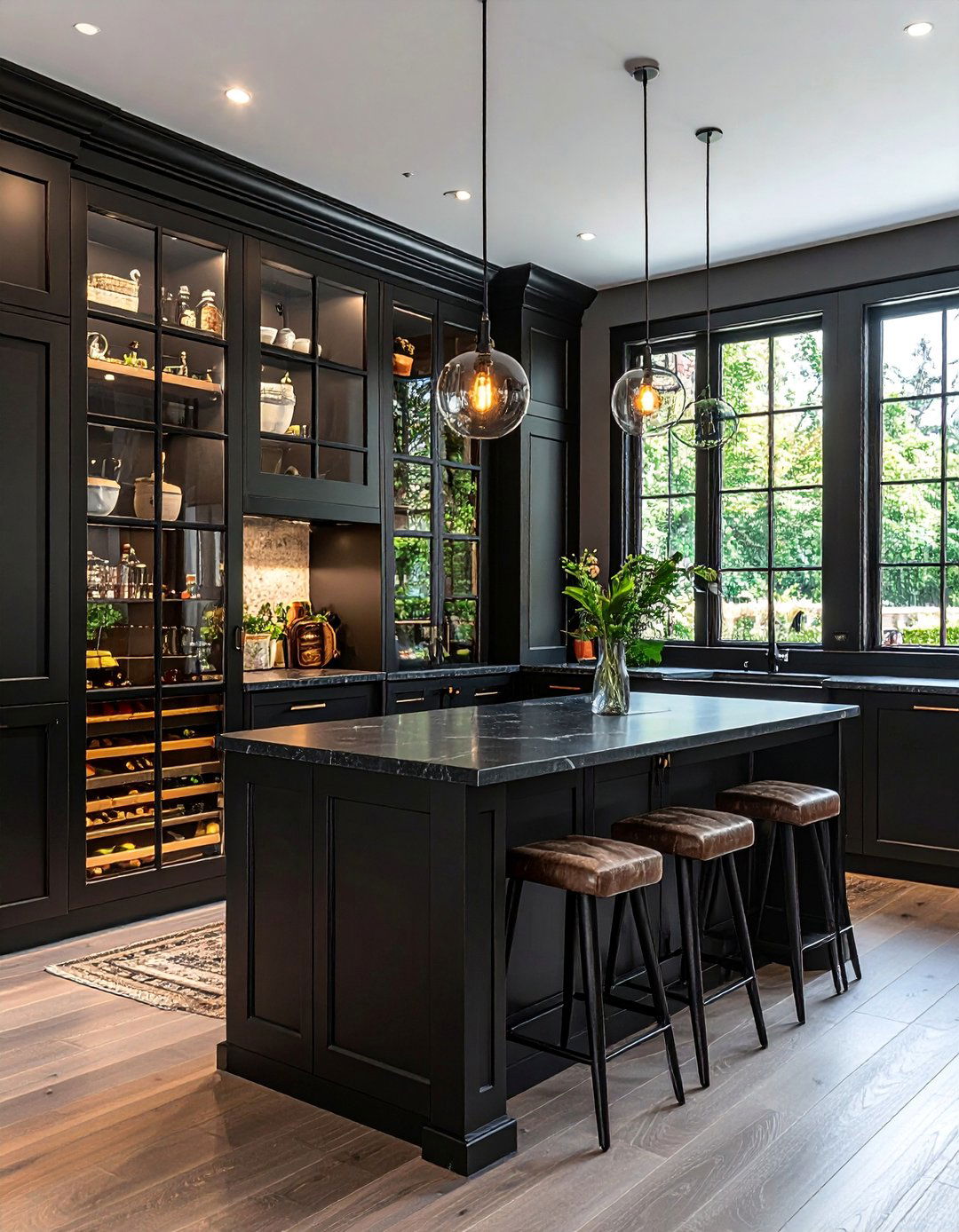 Black Kitchen with Glass Pantry Doors - 40 Black Kitchen Ideas for a Sleek and Sophisticated Look