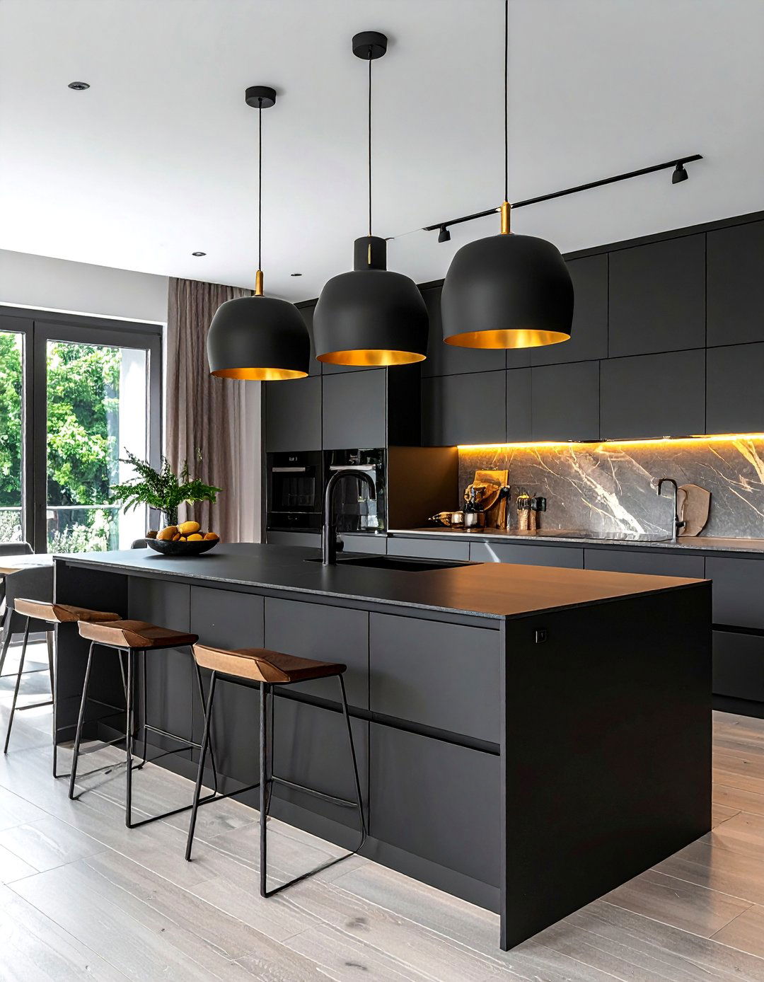 Black Kitchen with Gold and Black Pendant Lights - 40 Black Kitchen Ideas for a Sleek and Sophisticated Look