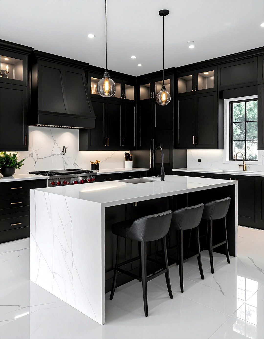 Black Kitchen with High Contrast White Countertops - 40 Black Kitchen Ideas for a Sleek and Sophisticated Look