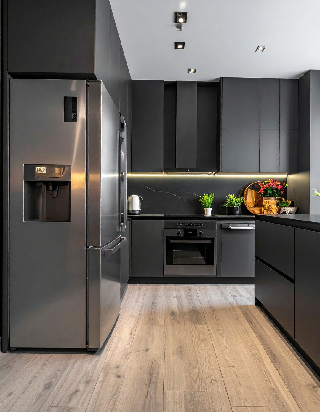 Black Kitchen with Integrated Stainless Steel Appliances - 40 Black Kitchen Ideas for a Sleek and Sophisticated Look