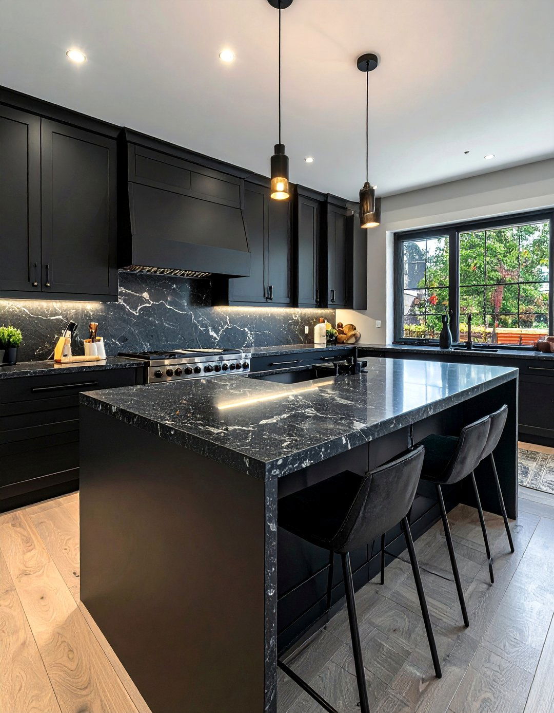 Black Kitchen with Leathered Granite Countertops - 40 Black Kitchen Ideas for a Sleek and Sophisticated Look
