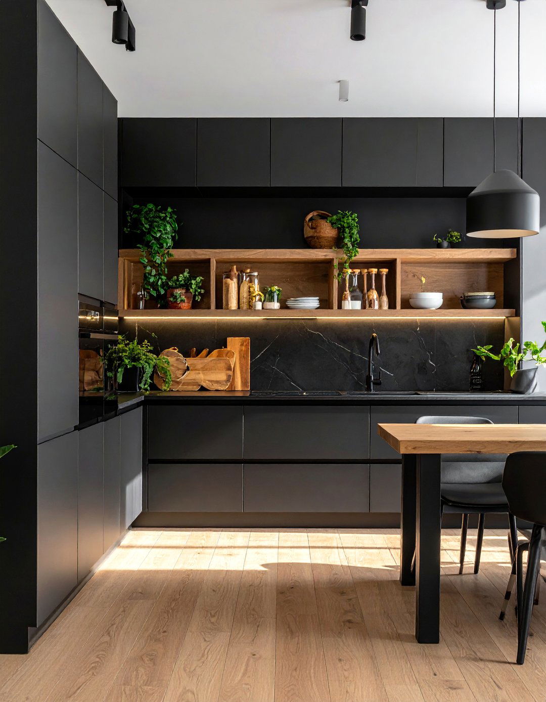 Black Kitchen with Natural Wood Open Shelving - 40 Black Kitchen Ideas for a Sleek and Sophisticated Look