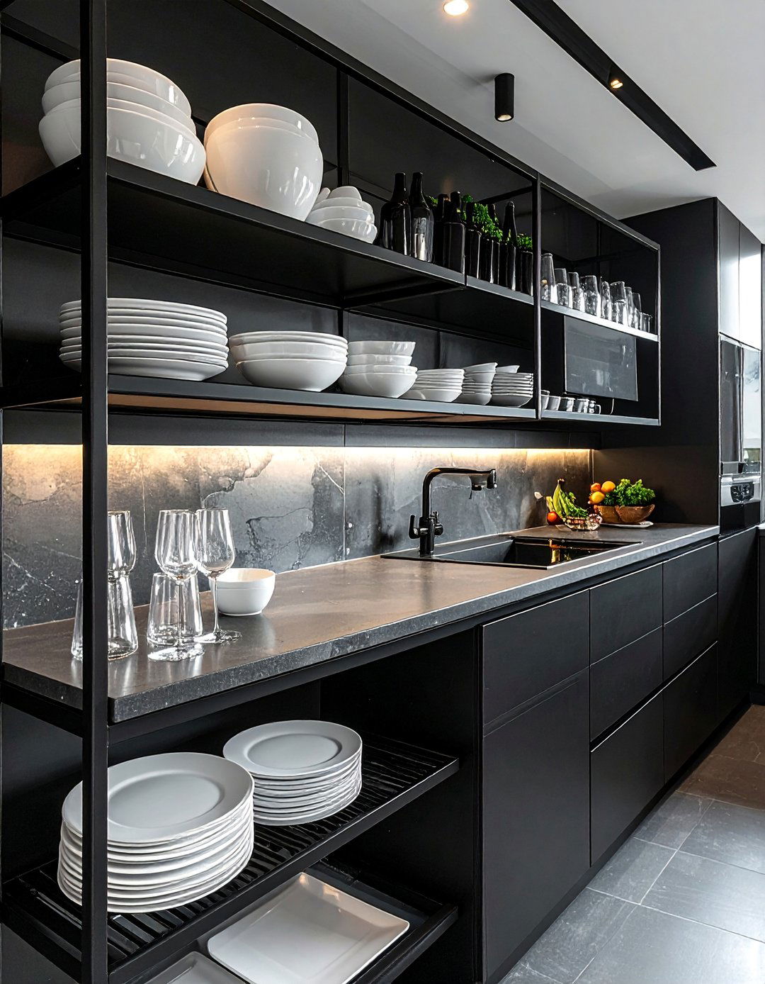 Black Kitchen with Open Frame Metal Shelving - 40 Black Kitchen Ideas for a Sleek and Sophisticated Look