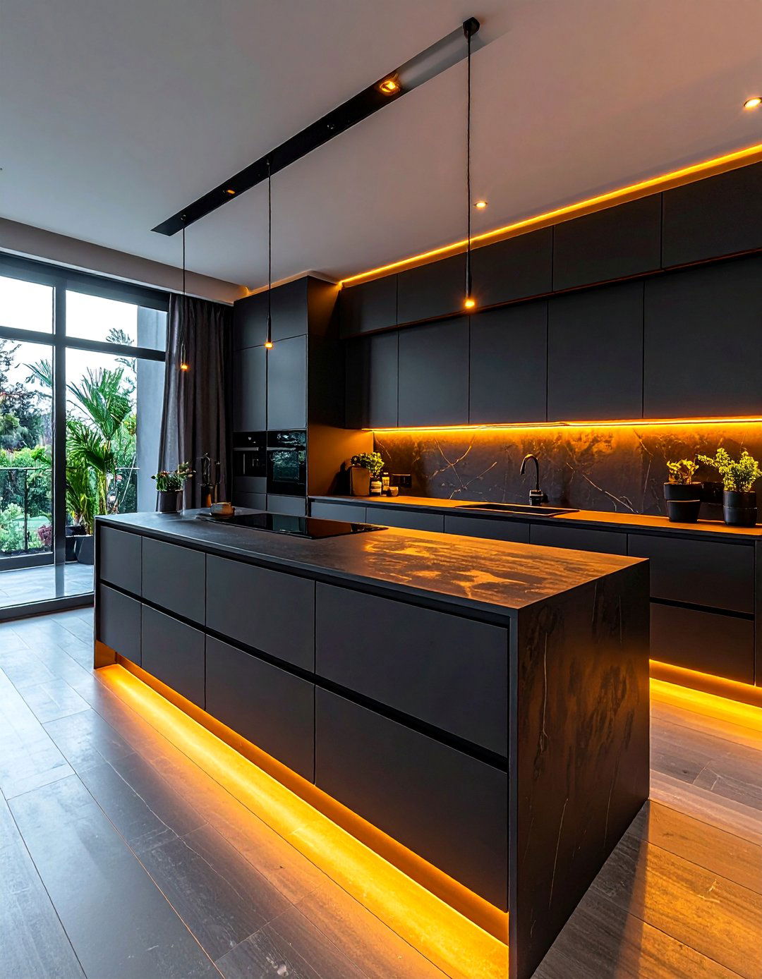 Black Kitchen with Warm Under Cabinet LED Lighting - 40 Black Kitchen Ideas for a Sleek and Sophisticated Look