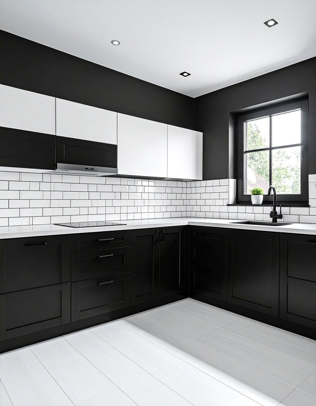 Black Kitchen with a Dark Grout Subway Tile Backsplash