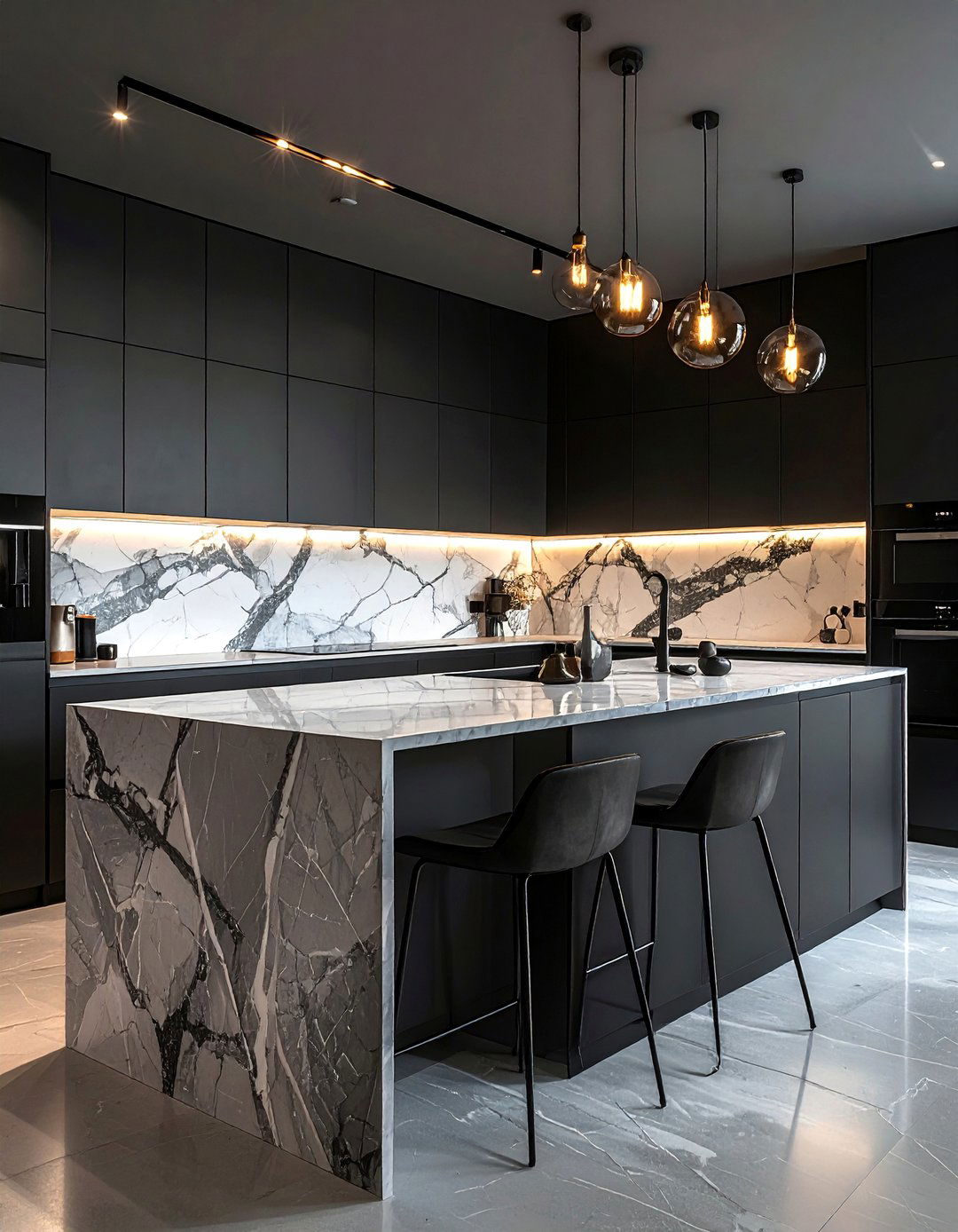 Black Kitchen with a Full Wall Marble Slab Backsplash - 40 Black Kitchen Ideas for a Sleek and Sophisticated Look