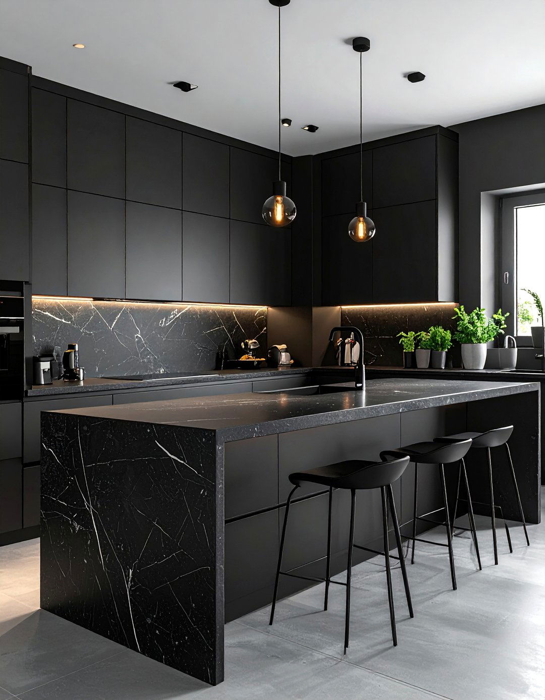 Black Kitchen with a Honed Black Countertop - 40 Black Kitchen Ideas for a Sleek and Sophisticated Look