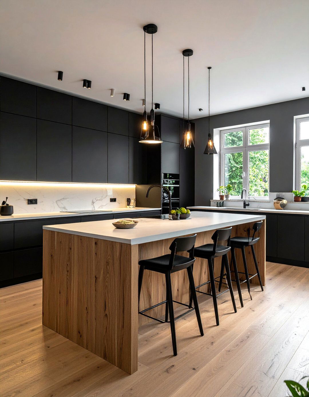 Black Kitchen with a Light Wood Island - 40 Black Kitchen Ideas for a Sleek and Sophisticated Look