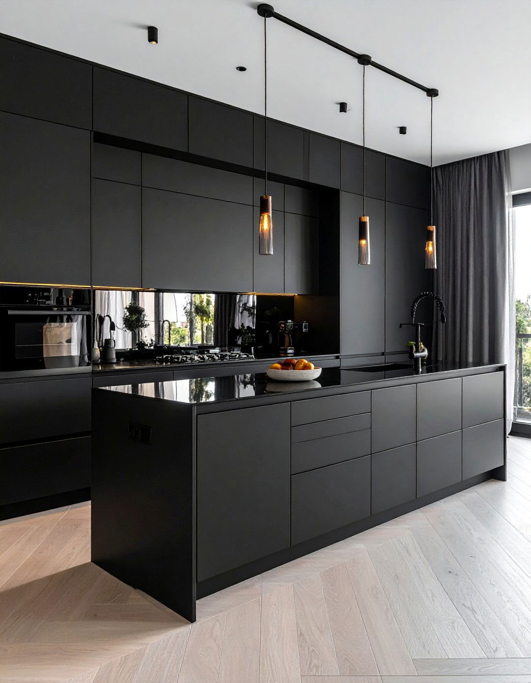 Black Kitchen with a Mirrored Backsplash - 40 Black Kitchen Ideas for a Sleek and Sophisticated Look