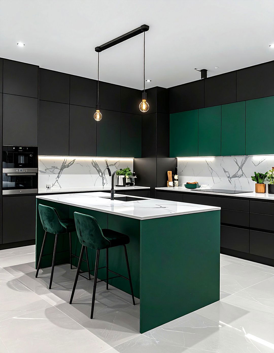 Black Kitchen with a Pop of Bold Color on the Island - 40 Black Kitchen Ideas for a Sleek and Sophisticated Look
