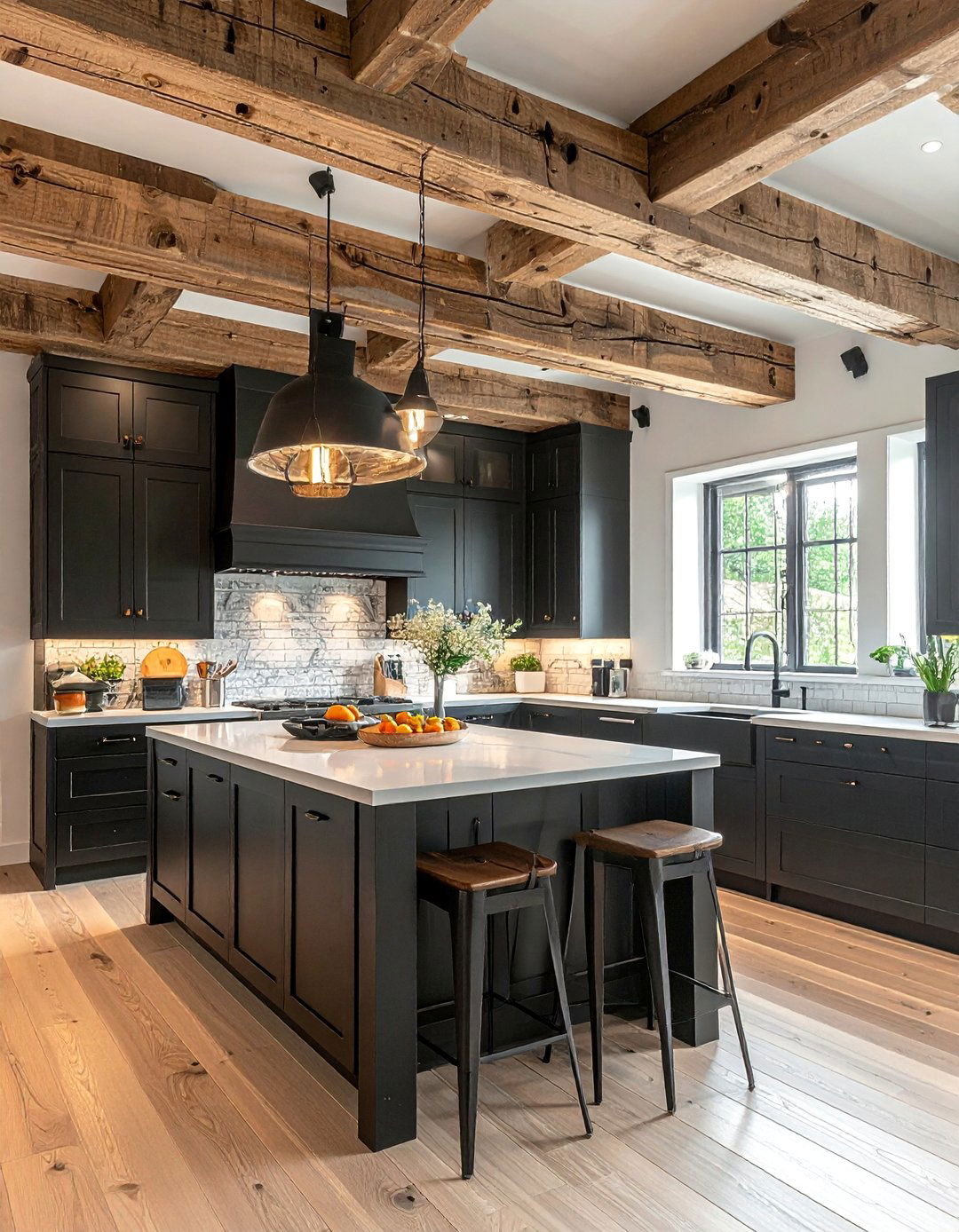 Black Kitchen with a Rustic Wooden Beam Ceiling - 40 Black Kitchen Ideas for a Sleek and Sophisticated Look