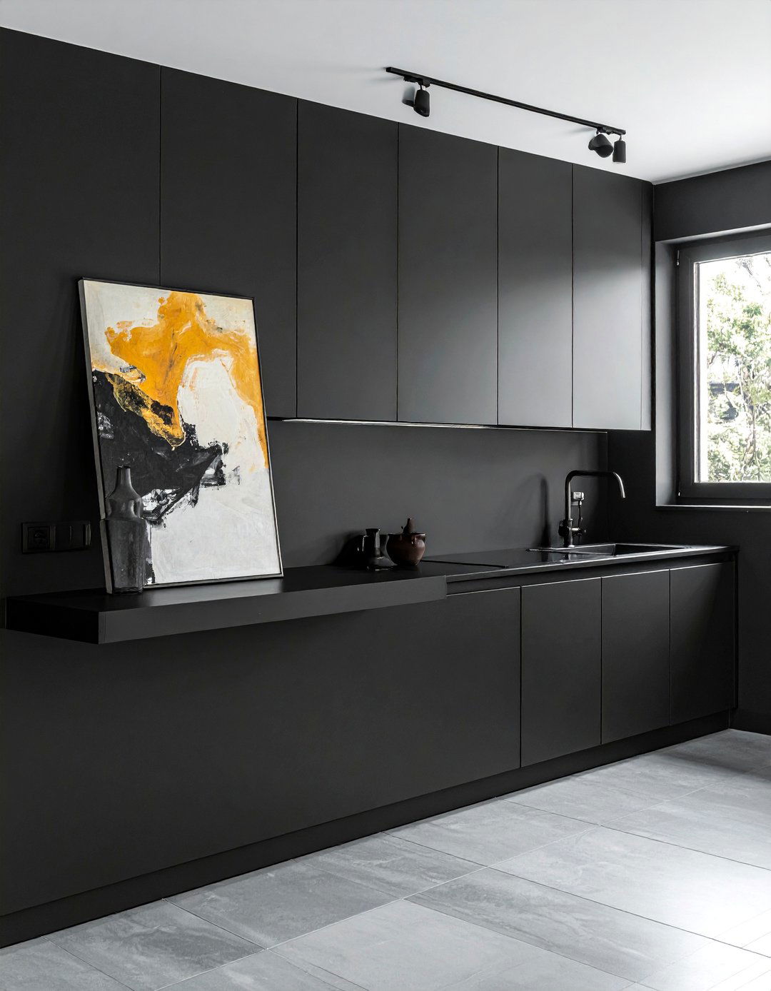 Black Kitchen with a Single Open Shelf for Art - 40 Black Kitchen Ideas for a Sleek and Sophisticated Look