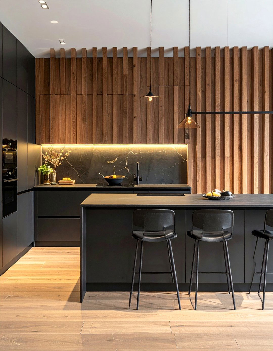Black Kitchen with a Slatted Wood Feature Wall - 40 Black Kitchen Ideas for a Sleek and Sophisticated Look