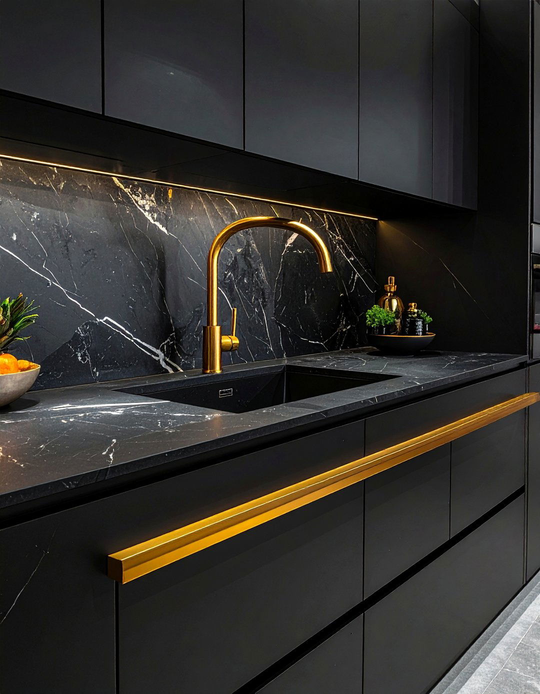 Black Kitchen with a Statement Gold Sink and Faucet - 40 Black Kitchen Ideas for a Sleek and Sophisticated Look