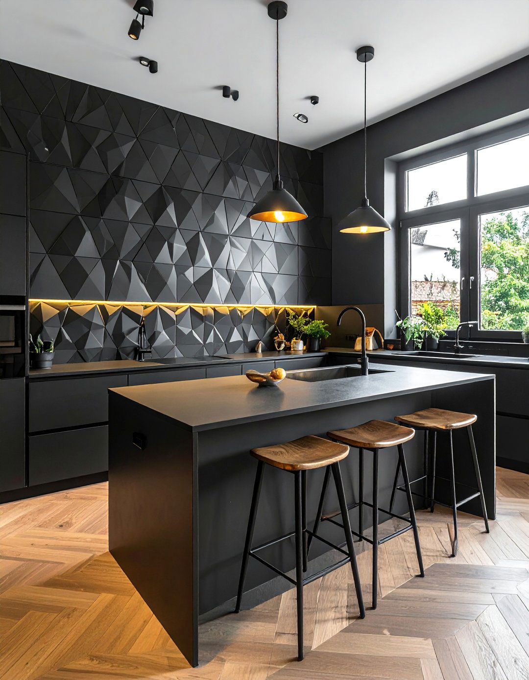 Black Kitchen with a Textured Black Backsplash - 40 Black Kitchen Ideas for a Sleek and Sophisticated Look