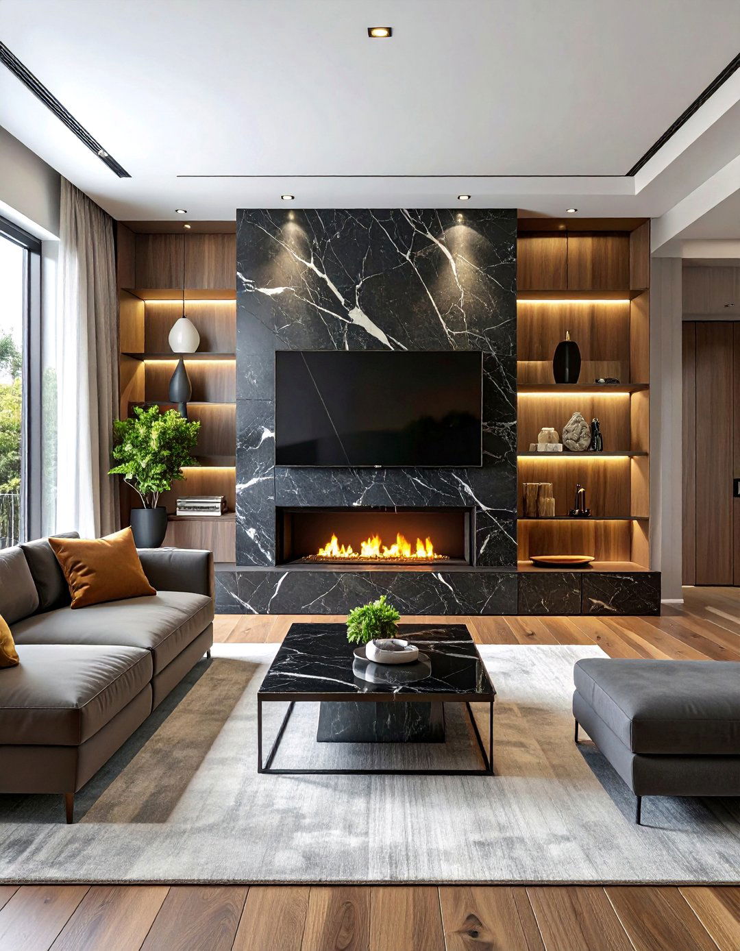 Black Marble Linear Fireplace Surround - 20 Linear Fireplace Ideas With TV Above for Cozy Nights