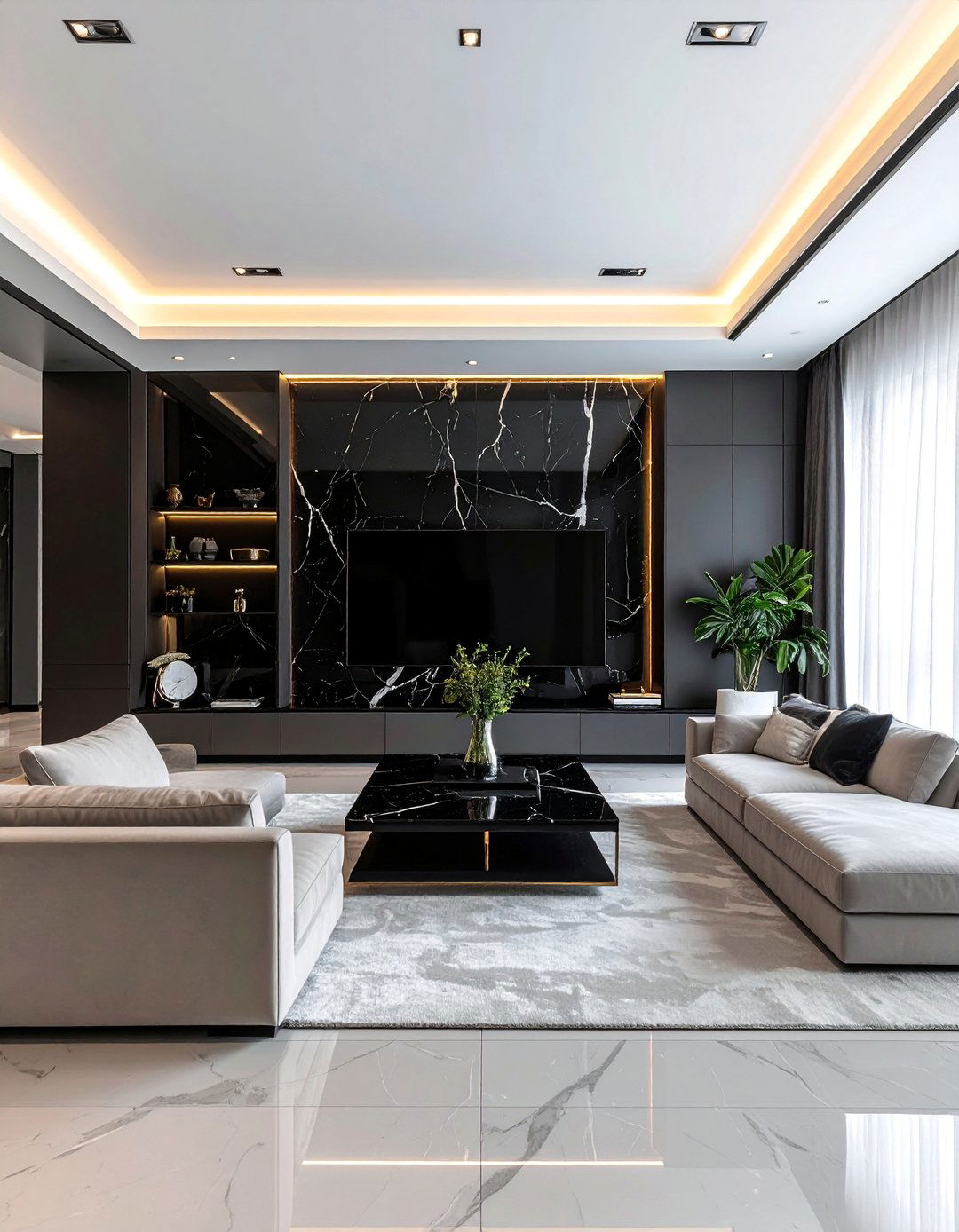 Black Marble Media Wall - 35 Stunning Media Wall Ideas to Transform Your Living Space