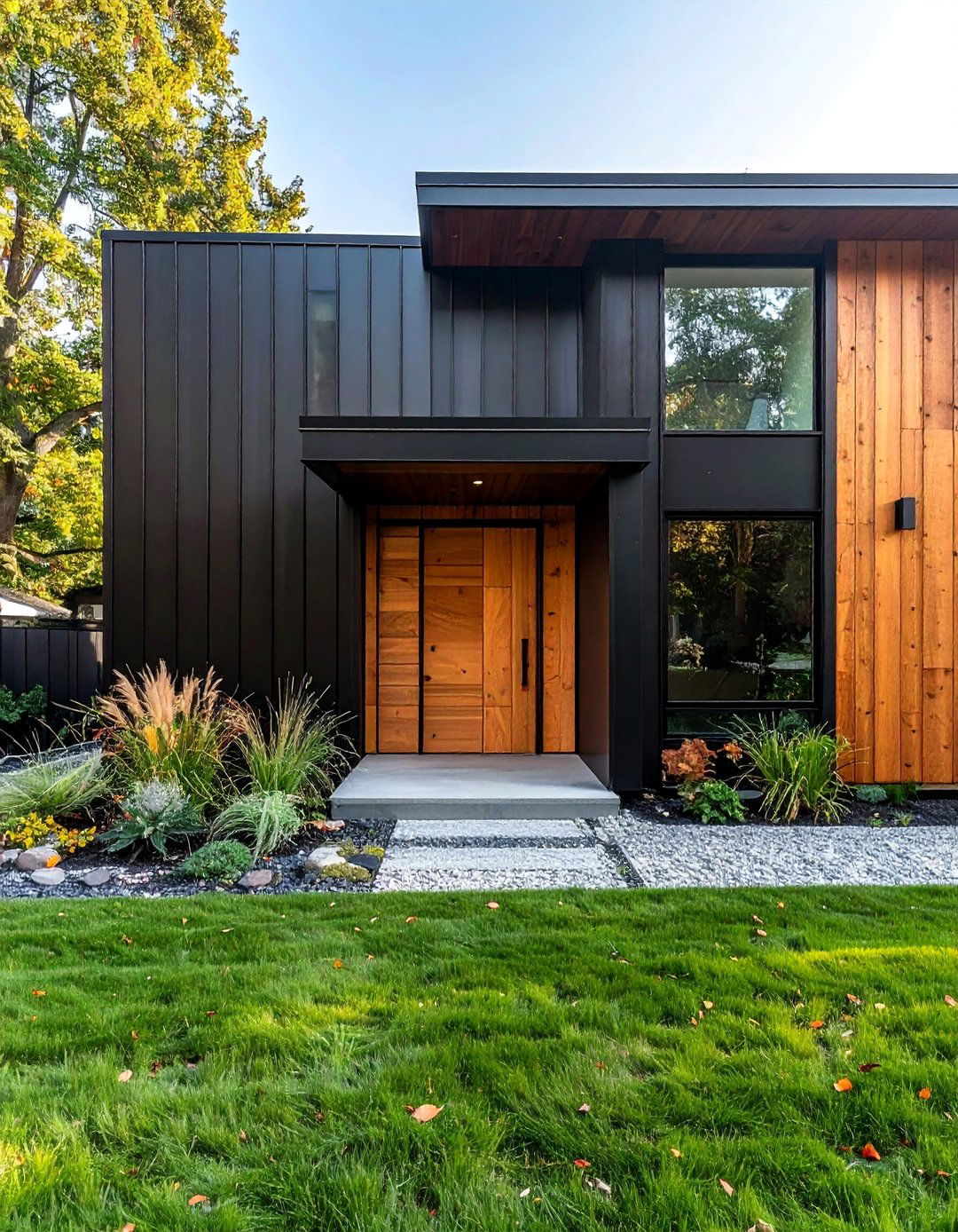 Black Metal Siding with Light Wood Accents - 20 Black House With Wood Accents Ideas for a Bold Style