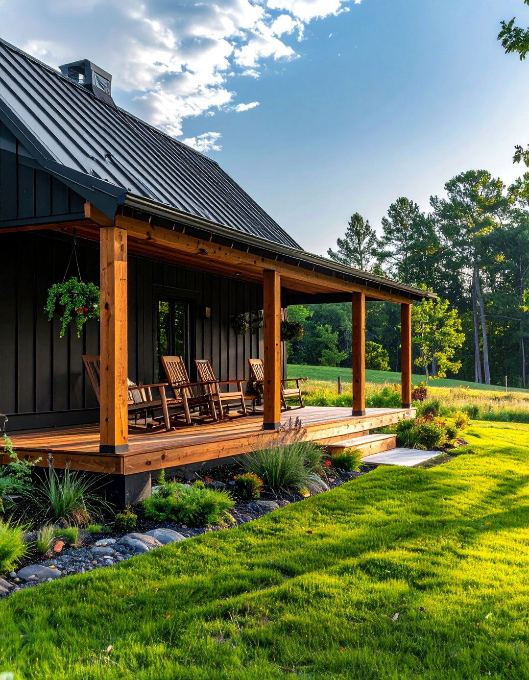 Black Modern Farmhouse with a Wooden Porch - 20 Black House With Wood Accents Ideas for a Bold Style