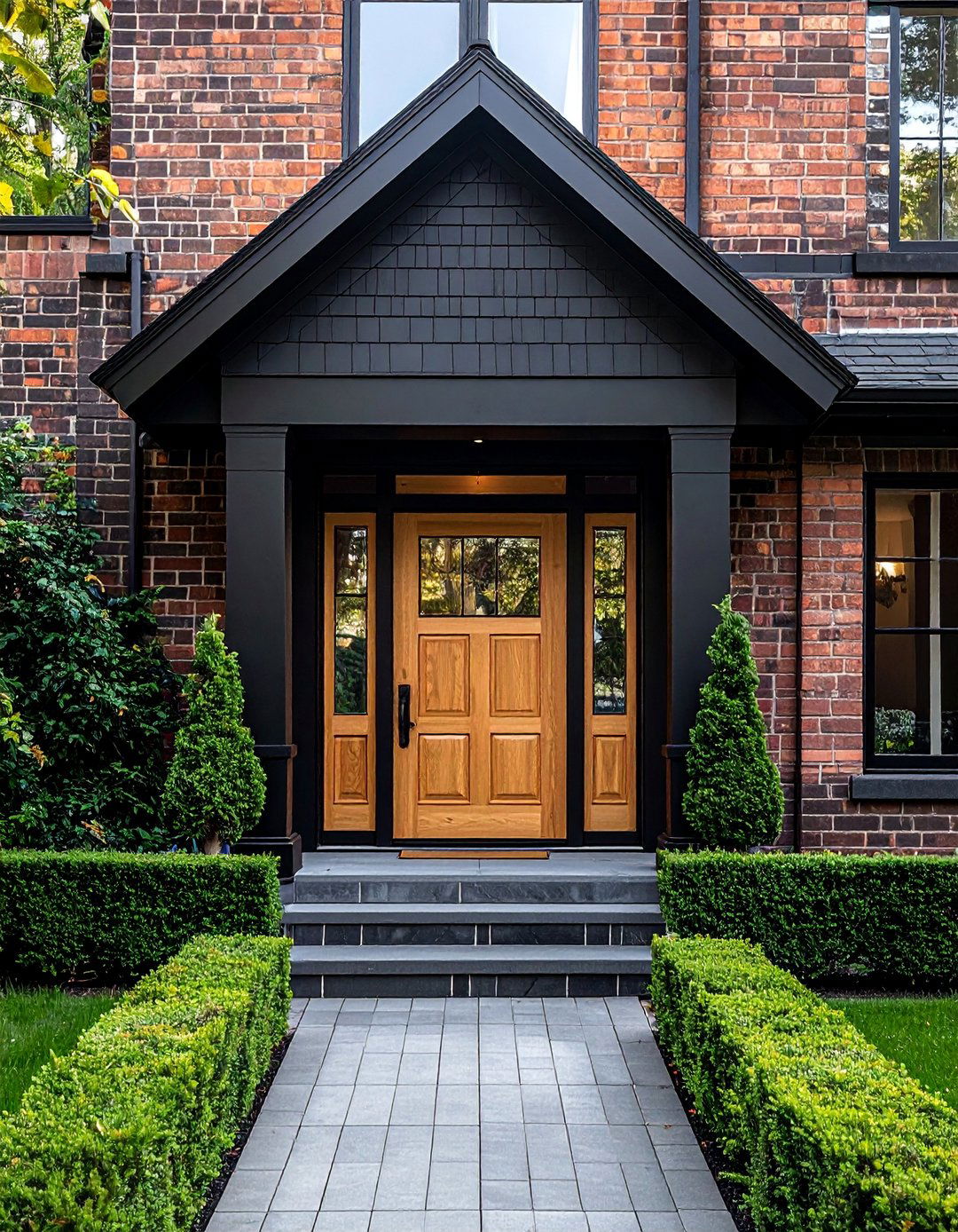 Black Painted Brick with a Light Oak Front Door - 20 Black House With Wood Accents Ideas for a Bold Style