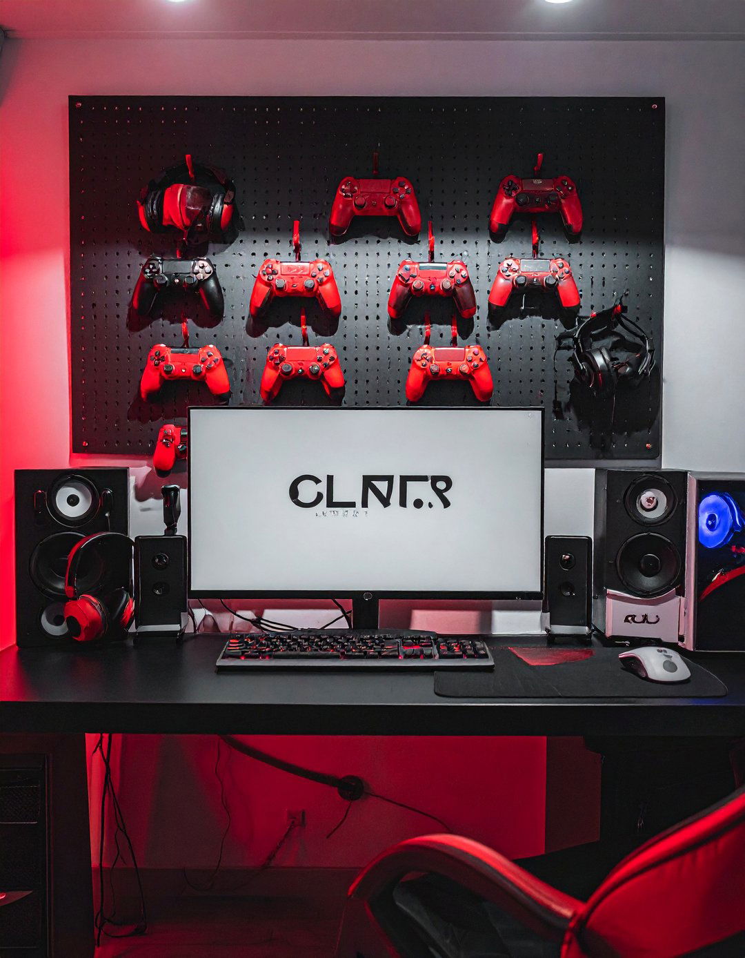 Black Pegboard with Red Accent Gaming Setup - 20 Red and Black Gaming Setup Ideas for Gamers