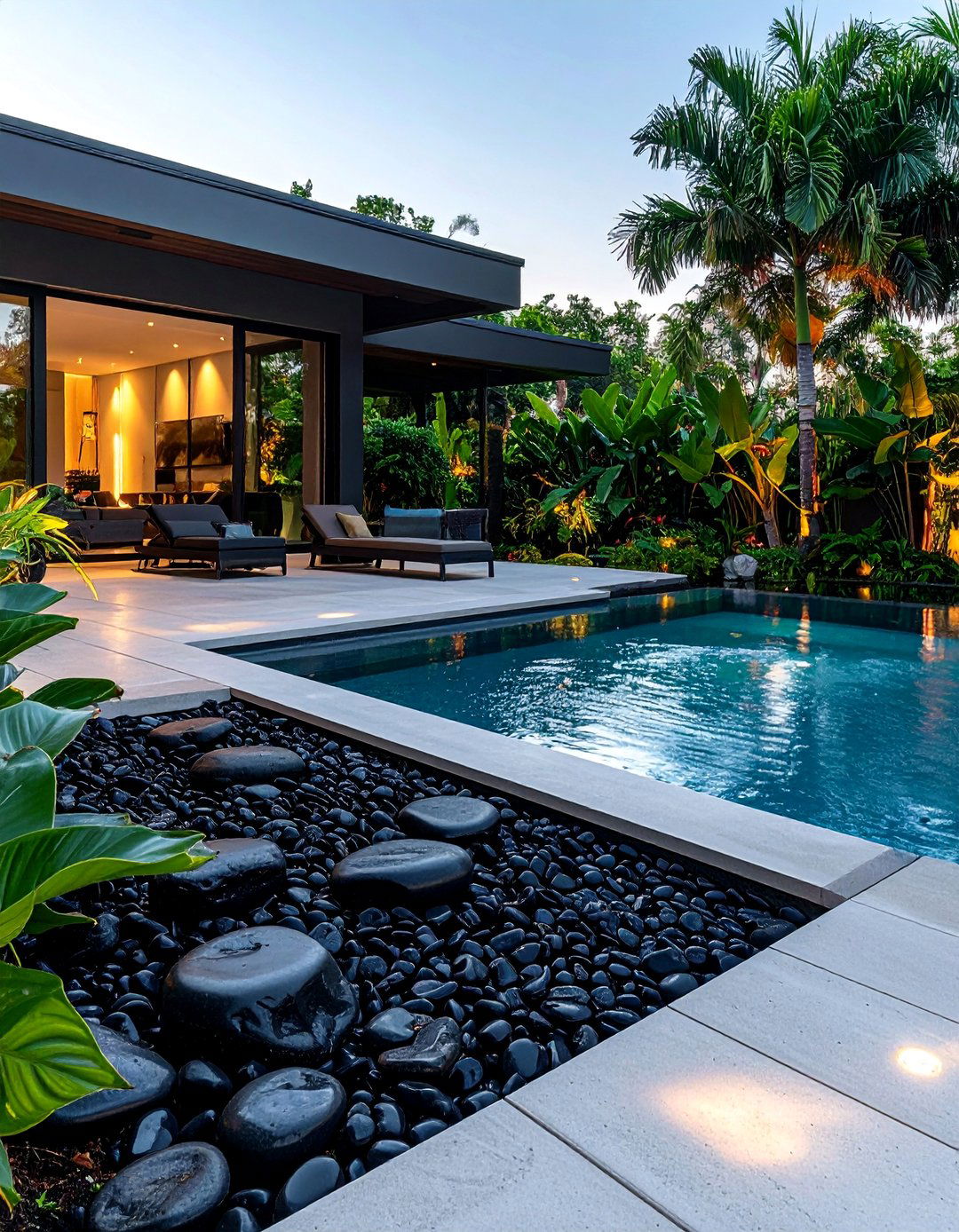 Black River Rock Near a Pool Deck - 20 Black River Rock Landscaping Ideas for a Unique Look