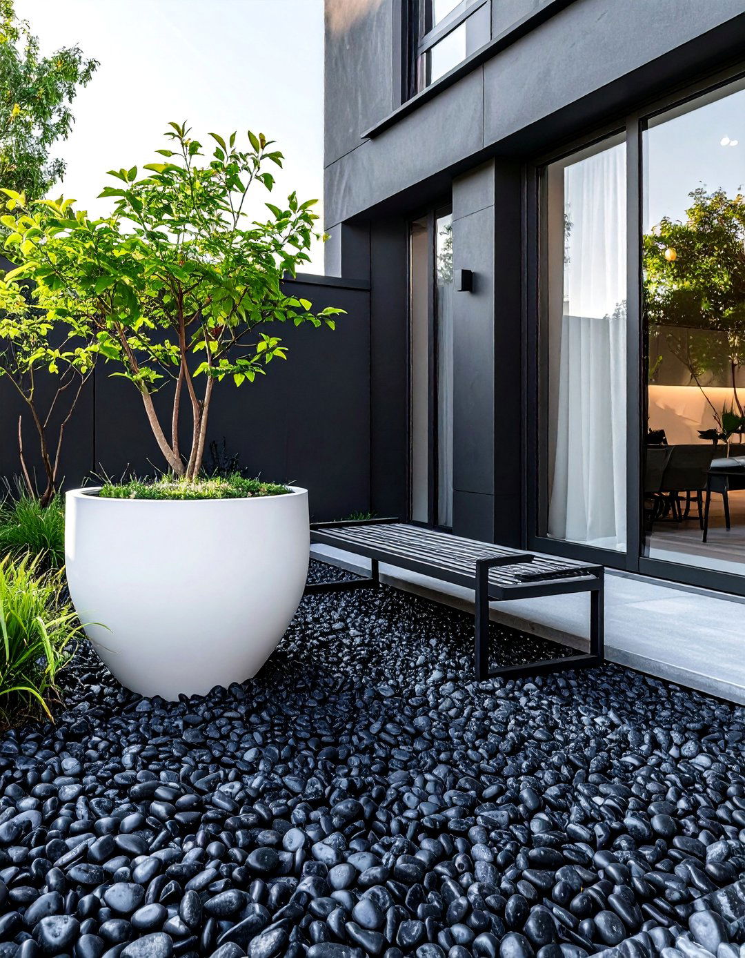 Black River Rock in a Courtyard - 20 Black River Rock Landscaping Ideas for a Unique Look
