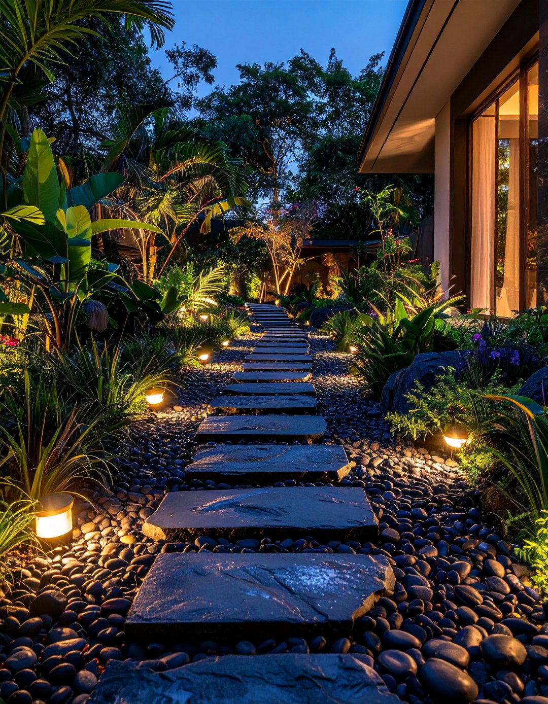 Black River Rock with Outdoor Lighting - 20 Black River Rock Landscaping Ideas for a Unique Look